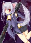 animal_ears antenna_hair carrying ero-god gun looking_at_viewer original red_eyes short_hair shorts silver_hair solo tail weapon wolf_ears wolf_tail zoom_layer 