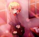  alternate_costume bespectacled blonde_hair contemporary expressionless glasses hair_ribbon highres kuroyume_(dark495) paper red_eyes ribbon rumia shirt short_hair skirt suit_jacket thighhighs touhou zettai_ryouiki 