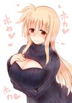  akitsuchi_shien blonde_hair blush breast_hold breasts cleavage cleavage_cutout fate_testarossa heart large_breasts long_hair long_sleeves lyrical_nanoha mahou_shoujo_lyrical_nanoha_strikers meme_attire open-chest_sweater red_eyes ribbed_sweater shiny shiny_hair shiny_skin smile solo sweater turtleneck 