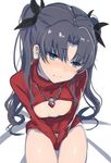  bad_id bad_twitter_id black_hair blush cleavage_cutout fate/stay_night fate_(series) fenrirr hair_ribbon jewelry looking_away meme_attire necklace open-chest_sweater ribbon sitting solo sweater toosaka_rin two_side_up v_arms 