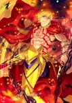 aora armor bad_id bad_pixiv_id blonde_hair cape chain ea_(fate/stay_night) enkidu_(weapon) fate/hollow_ataraxia fate_(series) gilgamesh male_focus motion_blur red_eyes shirtless solo sparks standing tattoo weapon 