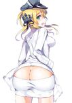  absurdres anchor ass ass_cutout bad_id bad_pixiv_id breasts butt_crack cowboy_shot from_behind green_eyes hat henet_hene highres kantai_collection long_hair looking_back low_twintails medium_breasts meme_attire open-chest_sweater open_mouth peaked_cap prinz_eugen_(kantai_collection) simple_background solo sweater twintails white_background 