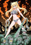  blonde_hair breasts cthulhu cthulhu_mythos doujinshi fang green_eyes hair_ornament large_breasts long_hair nekotarou sports_bra stepped_on tentacles twintails underboob_cutout 