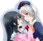  black_hair blue_eyes blush brown_eyes eye_contact hat houraisan_kaguya hug long_hair looking_at_another multiple_girls open_mouth silver_hair smile touhou unya upper_body yagokoro_eirin yuri 