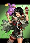  absurdres bad_id bad_pixiv_id black_hair breasts cloak gen_3_pokemon grin higana_(pokemon) highres holding holding_poke_ball large_breasts lips poke_ball poke_ball_(generic) pokemon pokemon_(creature) pokemon_(game) pokemon_oras red_eyes short_hair short_ponytail shorts smile soyoong_jun thigh_strap thighhighs whismur wristband 