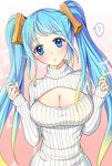  ? amiemie blonde_hair blue_eyes blue_hair blush breasts cleavage cleavage_cutout gradient_hair highres large_breasts league_of_legends long_hair looking_at_viewer meme_attire multicolored_hair open-chest_sweater ribbed_sweater solo sona_buvelle sweater turtleneck twintails 
