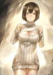  1girl blush breasts brown_hair cleavage cleavage_cutout cowboy_shot highres looking_at_viewer naked_sweater open-chest_sweater original ribbed_sweater ricci short_hair smile solo sweater sweater_dress turtleneck 
