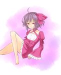  ahoge bad_id bad_pixiv_id barefoot bow breasts dress frilled_dress frilled_sleeves frills hair_bow legs long_sleeves miso_dengaku_(donadonaton) original pink_dress pink_eyes purple_hair red_bow sitting small_breasts solo toes wide_sleeves 