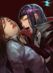  alternate_costume alternate_hairstyle bam_(s2leona) bite_mark blood brown_hair chun-li cloak drill_hair fangs hair_down han_juri high_collar lips long_hair multiple_girls nose purple_hair red_eyes street_fighter street_fighter_iv_(series) tongue tongue_out twin_drills vampire yuri 