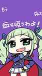  :d aikatsu! aikatsu!_(series) cape chan_co chibi cowboy_shot drill_hair fang green_eyes green_hair hair_ribbon hand_on_hip open_mouth purple_background ribbon skirt smile solo toudou_yurika translation_request twin_drills 