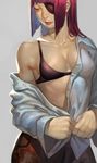  alternate_costume alternate_hairstyle bam_(s2leona) black_bra black_hair bra breasts casual collarbone denim eyepatch han_juri jeans lips long_hair nose off_shoulder open_clothes open_shirt pants sad shirt small_breasts solo street_fighter street_fighter_iv_(series) underwear undressing 