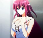  blue_eyes breasts grisaia_(series) grisaia_no_kajitsu highres large_breasts long_hair red_hair sad solo standing stitched suou_amane 