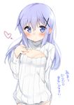  blush breasts cleavage_cutout gochuumon_wa_usagi_desu_ka? hair_ornament hairclip hand_on_own_chest kafuu_chino long_hair looking_at_viewer meme_attire open-chest_sweater ribbed_sweater silver_eyes silver_hair small_breasts solo sweater tousaki_shiina translated turtleneck x_hair_ornament 