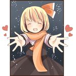  :d ^_^ bad_id bad_pixiv_id closed_eyes heart incoming_hug maroinu open_mouth orange_scarf outstretched_arms rumia scarf smile snow solo touhou 