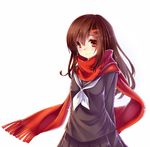  akabane_(pixiv3586989) brown_hair hair_ornament hairclip kagerou_project long_hair looking_at_viewer pleated_skirt red_eyes red_scarf scarf school_uniform serafuku simple_background skirt smile solo tateyama_ayano white_background 