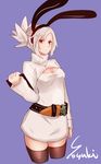  alternate_costume animal_ears belt breasts bunny_ears cleavage cleavage_cutout cowboy_shot dress folded_ponytail hairband highres league_of_legends looking_at_viewer medium_breasts meme_attire open-chest_sweater orange_eyes riven_(league_of_legends) solo sweater sweater_dress white_hair yosuki_(yo_sukan) 