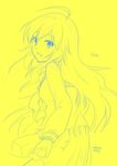 from_behind hoshii_miki idolmaster idolmaster_(classic) long_hair misaki_juri monochrome school_uniform serafuku yellow 
