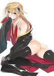  ass bare_shoulders blazblue blazblue:_chronophantasma blonde_hair commentary_request green_eyes hair_down hair_ornament hyakuhachi_(over3) jacket kagura_mutsuki long_hair noel_vermillion solo tattoo thighhighs 