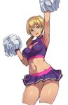 arm_up armpits blonde_hair blue_eyes breasts cheerleader cleavage_cutout crop_top heart_cutout houtengeki large_breasts midriff miniskirt navel open_mouth original pom_poms ponytail shiny shiny_skin short_hair simple_background skirt solo white_background 
