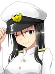  ;) black_eyes black_hair hand_on_headwear hat isosceles_triangle_(xyzxyzxyz) long_hair long_sleeves military military_uniform one_eye_closed peaked_cap simple_background smile solo uniform white_background world_witches_series yokokawa_kazumi 