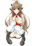  amagi_brilliant_park blush boots breasts brown_eyes brown_hair cross-laced_footwear lace-up_boots large_breasts long_hair looking_at_viewer nipples open_mouth panties ponytail sento_isuzu solo thighhighs underwear yajima_index 