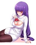  arm_support blush breasts cleavage cleavage_cutout dress hizuki_akira holding holding_poke_ball large_breasts long_hair lying meme_attire nail_polish natsume_(pokemon) on_side open-chest_sweater pantyhose poke_ball pokemon pokemon_(game) pokemon_rgby purple_hair red_eyes ribbed_sweater solo sweater sweater_dress turtleneck 