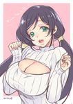  2014 :d blush breasts cleavage cleavage_cutout dated green_eyes large_breasts long_hair looking_at_viewer love_live! love_live!_school_idol_project meme_attire open-chest_sweater open_mouth purple_hair smile solo sumeragi_kohaku sweater toujou_nozomi translation_request turtleneck twintails 