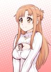  asuna_(sao) between_breasts blush breasts brown_eyes brown_hair cleavage cleavage_cutout gradient gradient_background large_breasts long_hair long_sleeves meme_attire minigirl multiple_girls open-chest_sweater person_between_breasts polka_dot polka_dot_background ribbed_sweater shiny shiny_hair size_difference smile sweater sword_art_online turtleneck ueyama_michirou yui_(sao) 