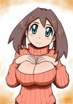  blue_eyes blush breasts brown_hair cleavage cleavage_cutout gouguru haruka_(pokemon) head_tilt large_breasts long_hair meme_attire no_hat no_headwear open-chest_sweater orange_shirt pokemon ribbed_sweater shirt smile solo sweater turtleneck 