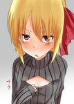 blonde_hair blush bow cleavage_cutout hair_bow meme_attire open-chest_sweater red_eyes ribbed_sweater rumia solo sweatdrop sweater takorice touhou 