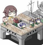  blush broom brown_hair chibi fairy_(kantai_collection) food goggles goggles_on_head hat helmet hiryuu_(kantai_collection) kantai_collection multiple_girls noodles o_o pink_hair shishigami_(sunagimo) simple_background sitting smile table tenzan_(kantai_collection) type_0_fighter_model_21 type_97_torpedo_bomber type_99_dive_bomber white_background 