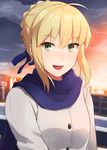  ahoge artoria_pendragon_(all) blonde_hair blue_scarf coat face fate/stay_night fate_(series) green_eyes hair_ribbon jpeg_artifacts looking_at_viewer open_mouth prime ribbon saber scarf short_hair solo sunset upper_body winter_clothes winter_coat 