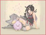  ahoge ankle_boots bad_id bad_pixiv_id black_hair boots border breasts gen_3_pokemon grey_legwear higana_(pokemon) medium_breasts over-kneehighs pokemon pokemon_(creature) pokemon_(game) pokemon_oras red_border red_eyes short_hair short_ponytail short_shorts shorts sitting smile solo_focus tank_top thighhighs tin078 toeless_boots whismur 