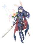  absurdres animal_ears blue_eyes blue_hair boots bug bunny_ears butterfly cape falchion_(fire_emblem) fire_emblem fire_emblem:_kakusei flower highres insect long_hair lucina menoko open_mouth smile solo super_smash_bros. sword the_legend_of_zelda the_legend_of_zelda:_majora's_mask tiara weapon 