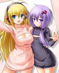  arm_around_waist arm_up blonde_hair blue_eyes blush breasts bug_(artist) cleavage cleavage_cutout cowboy_shot flat_chest hair_ornament headphones large_breasts long_hair low_twintails meme_attire multiple_girls open-chest_sweater purple_eyes purple_hair ribbed_sweater sweater tsurumaki_maki turtleneck twintails v very_long_hair vocaloid voiceroid yuzuki_yukari 