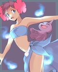  bandeau bare_shoulders blue_eyes blue_fire blue_sarong brown_hair dark_skin elite_four fire flower fuyou_(pokemon) gen_3_pokemon hair_flower hair_ornament la_(luxxxxx) midriff navel open_mouth outstretched_arms pokemon pokemon_(creature) pokemon_(game) pokemon_oras pokemon_rse print_sarong sarong short_hair shuppet strapless 