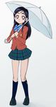  blazer blue_bow blue_eyes blue_hair bow bowtie brown_jacket futari_wa_precure hair_ornament hairclip jacket long_hair looking_at_viewer manji_(tenketsu) plaid plaid_skirt precure school_uniform skirt socks solo umbrella verone_gakuin_school_uniform yukishiro_honoka 