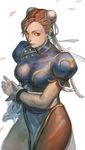  bam_(s2leona) bracelet breasts brown_eyes brown_hair brown_legwear bun_cover china_dress chinese_clothes chun-li cowboy_shot double_bun dress earrings jewelry large_breasts lips nose pantyhose pelvic_curtain petals short_hair solo spiked_bracelet spikes street_fighter 