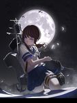  aircraft airplane anchor blue_eyes brown_hair fubuki_(kantai_collection) full_moon highres kantai_collection machinery moon night ocean qianbi school_uniform serafuku short_hair torpedo turret 