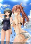  arm_up ass bangs bikini black_eyes black_hair blunt_bangs blush cloud covered_navel day hair_ribbon highres inu_(mezonsidepark) long_hair looking_at_viewer mole mole_under_eye multiple_girls one-piece_swimsuit original red_eyes red_hair ribbon school_swimsuit sky swimsuit twintails wading wardrobe_malfunction wet white_bikini 