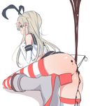  ass bad_id bad_pixiv_id blonde_hair boots chocolate cursor elbow_gloves fenrirr from_behind gloves grey_footwear hairband highres kantai_collection long_hair metal_boots school_uniform serafuku shimakaze_(kantai_collection) simple_background solo strap_pull striped striped_legwear thighhighs thong white_background white_gloves 