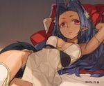  animal_ears arms_behind_head arms_up blue_hair breasts cleavage dated looking_at_viewer lying medium_breasts on_back original pointy_ears red_eyes solo thighhighs toro_(konirio) 