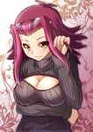  adjusting_hair blush breast_hold breasts brown_eyes cleavage cleavage_cutout izayoi_aki kohatsuka large_breasts long_hair looking_at_viewer meme_attire open-chest_sweater red_hair ribbed_sweater solo sweater turtleneck upper_body yuu-gi-ou yuu-gi-ou_5d's 