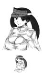  2koma arm_support barefoot breast_conscious breasts chibi cleavage cleavage_cutout comic greyscale hand_on_own_chest kantai_collection knees large_breasts long_hair looking_at_viewer meme_attire monochrome multiple_views no_pants onee-chan_no_te_wo_totte open-chest_sweater p.i.l. parody ribbed_sweater ryuujou_(kantai_collection) sitting smile sweater turtleneck twintails upper_body visor_cap 