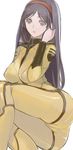  bodysuit breasts brown_eyes brown_hair hairband highres large_breasts long_hair pupps saijou_miki simple_background solo uchuu_senkan_yamato uchuu_senkan_yamato_2199 white_background yellow_bodysuit 