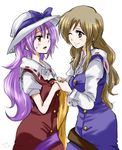  alternate_headwear blue_dress brown_eyes brown_hair dress dress_shirt eye_contact hat hat_removed headwear_removed holding_hands lavender_hair long_hair looking_at_another multiple_girls one_eye_closed open_mouth red_dress red_eyes shirt siblings sisters smile touhou unya watatsuki_no_toyohime watatsuki_no_yorihime 