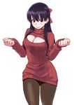  bangs black_eyes black_hair blush bow breasts brown_legwear cleavage cleavage_cutout clenched_hands cowboy_shot dress hair_bow half_updo hands_up highres inugami-san_to_sarutobi-kun_wa_naka_ga_warui. inugami_tsubaki large_breasts light_smile lipstick long_hair long_sleeves looking_at_viewer makeup meme_attire open-chest_sweater outstretched_wrists pantyhose ribbed_sweater sidelocks simple_background sleeves_past_wrists smile solo standing sweater sweater_dress tachibana_roku turtleneck w_arms white_background 