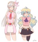  armlet belt cosplay costume_switch crossover elizabeth_liones elizabeth_liones_(cosplay) flower hair_flower hair_ornament hair_over_one_eye long_hair midriff multicolored_hair multiple_girls nanatsu_no_taizai nia_teppelin nia_teppelin_(cosplay) single_thighhigh skirt smile tengen_toppa_gurren_lagann thighhighs two-tone_hair white_hair yooroongoo 