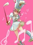  baton boots dress emi hat jakuzure_nonon kill_la_kill musical_note pink_background pink_eyes pink_hair shako_cap sidelocks solo uniform 