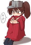  black_legwear blush breast_conscious breast_press brown_hair cleavage_cutout flat_chest kantai_collection knee_boobs knees_up leg_hug meme_attire onee-chan_no_te_wo_totte open-chest_sweater parody red_eyes ribbed_sweater ryuujou_(kantai_collection) sitting socks solo suzurino sweater translated turtleneck twintails visor_cap 